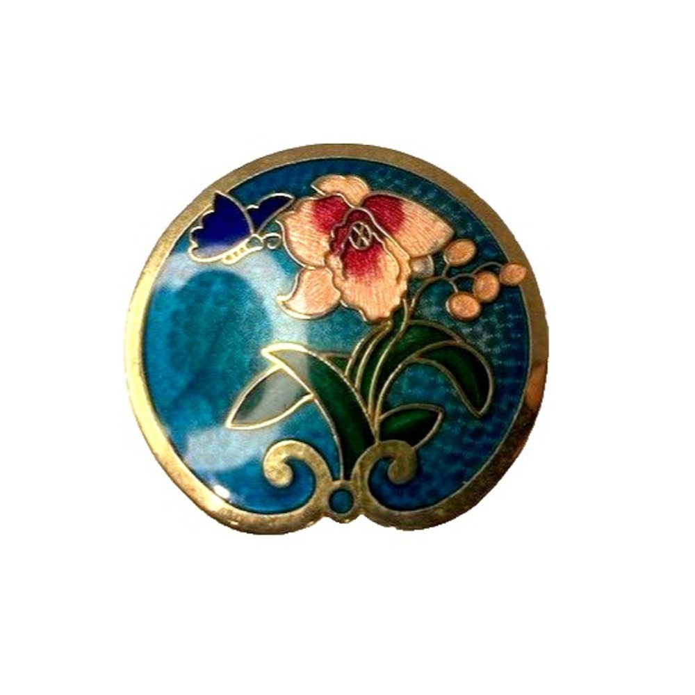 VTG Cloisonne Iris Butterfly Brooch Pin Enamel and Gold Tone 2 inch